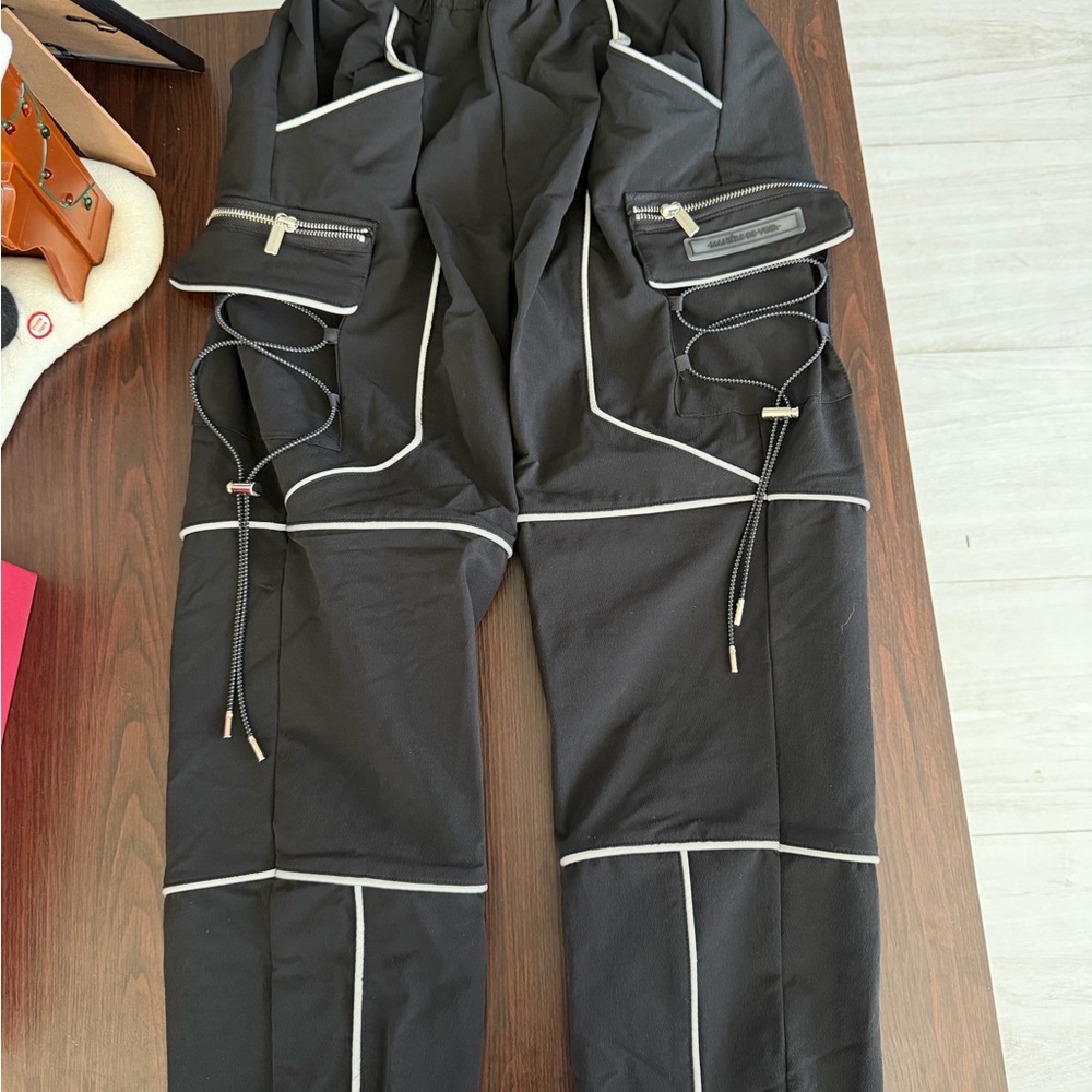 Maniere De Voir Black REFLECTIVE PIPED CARGO PANTS